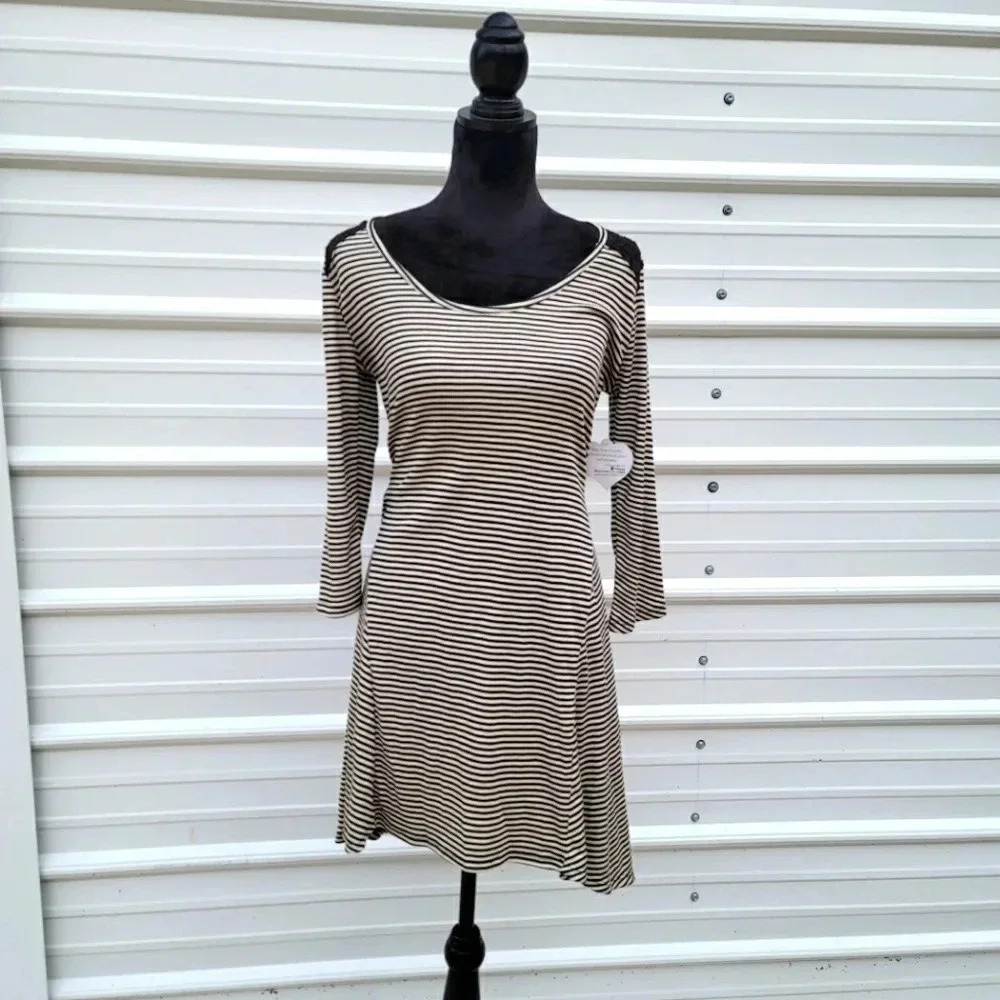 NWT Self Esteem women's large stretch knit lace inset back Ivory stripe dress L